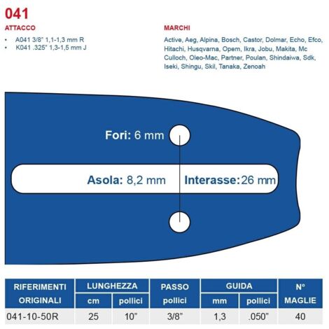 Barra motosega 25 cm - 10" passo 3/8", spessore 1.3 mm - .050" attacco 041, 40 maglie 452703