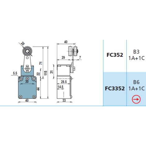 FC352 1NA + 1NC Interruttore di Posizione a leva gir.dritta+rotella Finecorsa