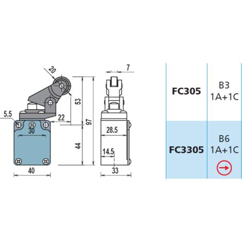 FC3305 1NA + 1NC Interruttore di Posizione a leva con rotella Finecorsa