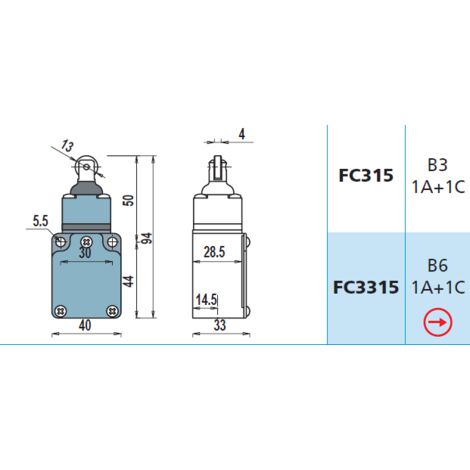 FC315 1NA + 1NC Interruttore di Posizione a pistoncino con rotella Finecorsa
