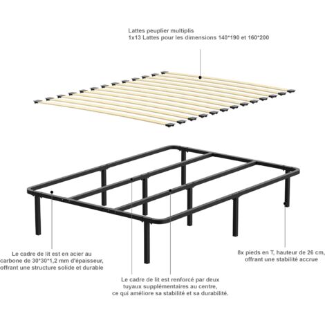 Sommier double Dewinner 140x190 cm, hauteur 29 cm, 13 lattes orthopédiques en peuplier, lit pour adultes et adolescents, sommier à 8 pieds, montage rapide et facile (140x190 cm)