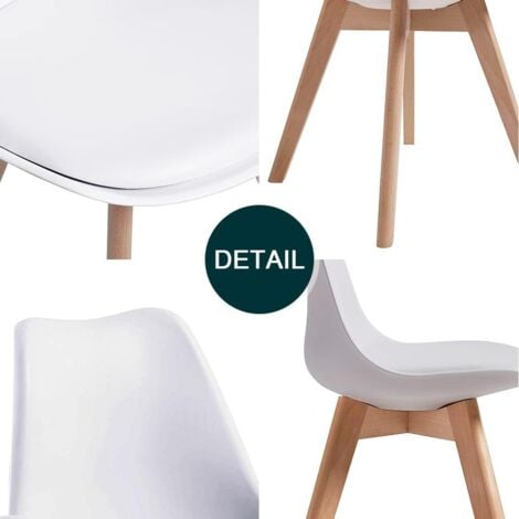 Chaises de Salle à Manger scandinave DEWINNER, Chaise de Bureau rétro, Assise rembourrée en hêtre Massif (Blanc, Lot de 4)
