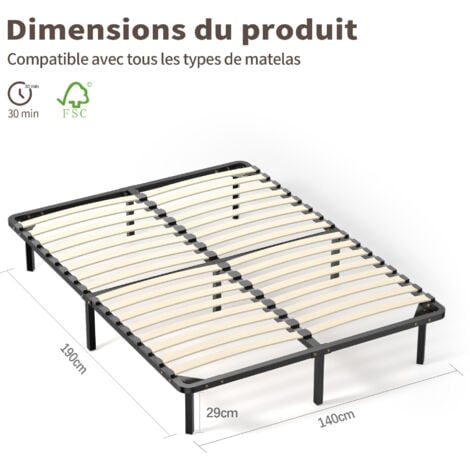Sommier à Lattes sur pieds DEWINNER - Lit 140x190cm - 7 Pieds Inclus - Noir