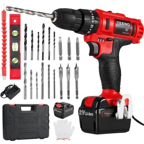 main image of "Perceuse visseuse a percussion sans fil TEENO PSR 21V + 2 Vitesses + 2 batteries lithium + 20 accessoires + gants professionnels - Rouge"
