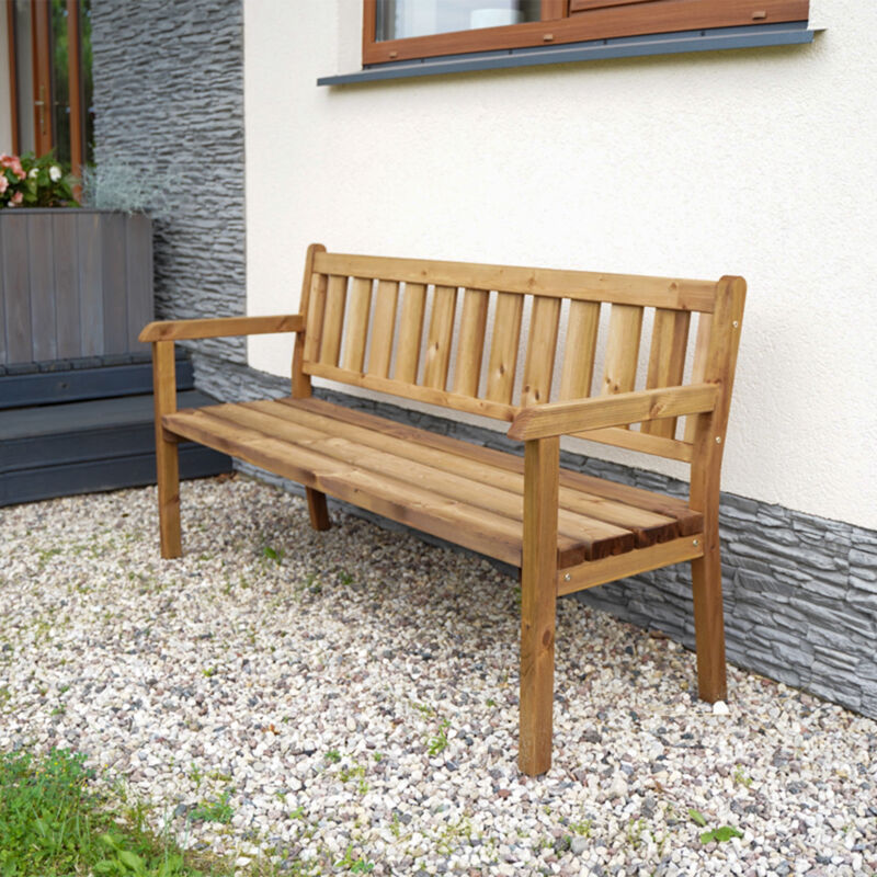 Banc de jardin 3 places dim. 140L x 50l x 85H cm - assise, dossier arrondi  à lattes - charge max. 320 Kg - bois sapin pré-huilé - Chaise et banc de