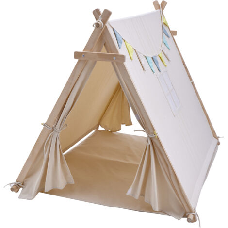 Tipi Enfant Tente De Jeu Intérieur 92x92x120 Cm - Blanc/gris, Fenêtre, Montage Facile - Dès 3 Ans