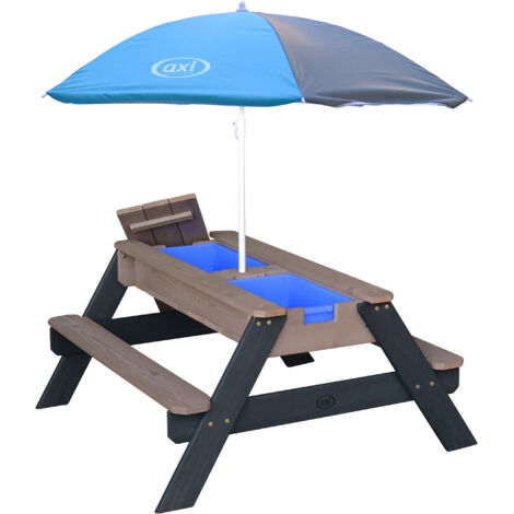 Axi Nick Table Sable Et Eau / Pique Nique Avec Parasol En Bois Gris  95 X 97 X 48 Cm  Avec Couvercle, Boîtes De Rangement & Parasol  Extérieur Pour Le Jardin