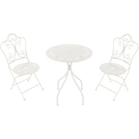 Abician Set Table Et 2 Chaises Jardin - Aluminium - Style Vintage - Blanc - Avec Trou Parasol
