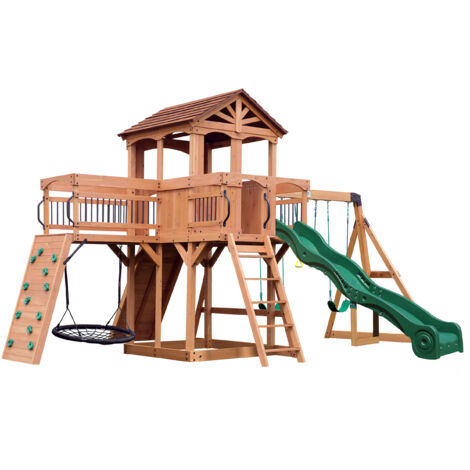 Aire de jeux en bois avec parois rocheuses 150 cm – Toboggan 305 cm – 2 balançoires à pneus et 1 balançoire nid 100 cm – Backyard Discovery