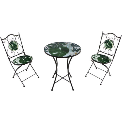 Ensemble table et chaise de jardin 3 pièces – 1 table mosaïque céramique et 2 chaises métal – Hauteur d'assise 46 cm, charge 150 kg/ch – Vert tropical – AXI (1/5)