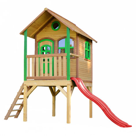 Axi Laura Maison Enfant Avec Toboggan Rouge  Aire De Jeux Pour L'Extérieur En Marron & Vert  Maisonnette / Cabane De Jeu En Bois Fsc