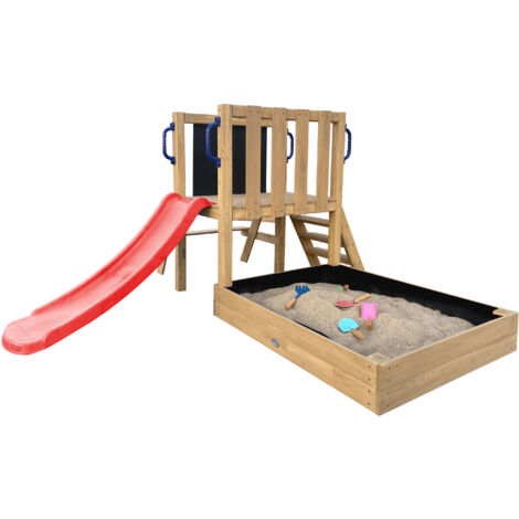 Axi Leah Aire De Jeux Mini En Bois Avec Toboggan Rouge / Extérieur, Bac À Sable, Cuisine De Jeu Et Tableau Noir
