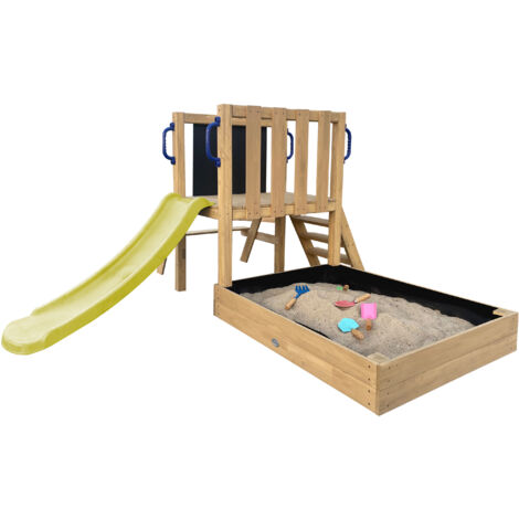 Axi Leah Aire De Jeux Mini En Bois Avec Toboggan Vert / Extérieur, Bac À Sable, Cuisine De Jeu Et Tableau Noir