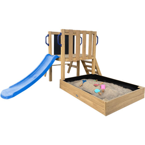 Axi Leah Aire De Jeux Mini En Bois Avec Toboggan Bleu / Extérieur, Bac À Sable, Cuisine De Jeu Et Tableau Noir