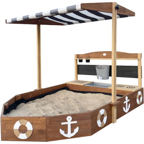 Axi Dora Bac À Sable, Forme Bateau, En Bois - 160X100X110 Cm, Avec Cuisine, Tableau Noir Et Deux Bacs À Fleurs Bâche De Fond Incluse (1/5)