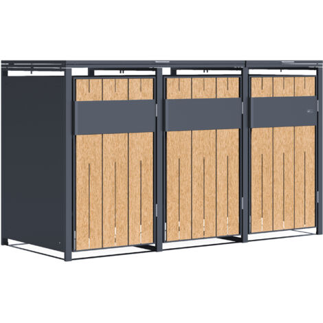 Axi Luke Cache Poubelle En Métal, Anthracite/Effet Bois - Abri Poubelle Pour 3 Conteneurs - Max. 240L - Abri Poubelle Extérieur Avec Excellente Ventilation