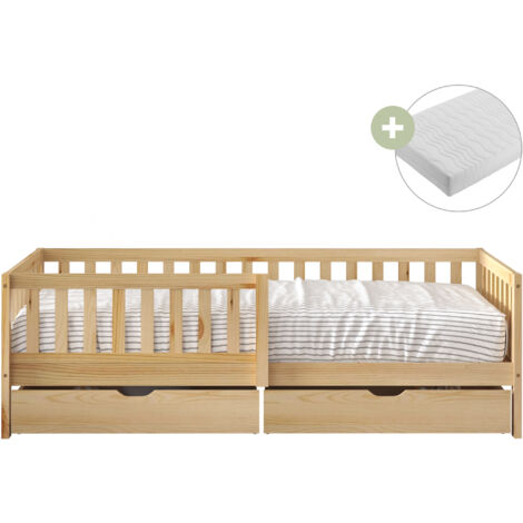 Sunny Isa Lit Enfant 1 Place Avec 2 Tiroirs, En Bois, Beige  Barrière De Sécurité - Matelas Hybride Inclus 90 X 200 - 2 Tiroirs De Rangement  Dimensions Totales: 206 X 98 X 65 Cm (1/5)