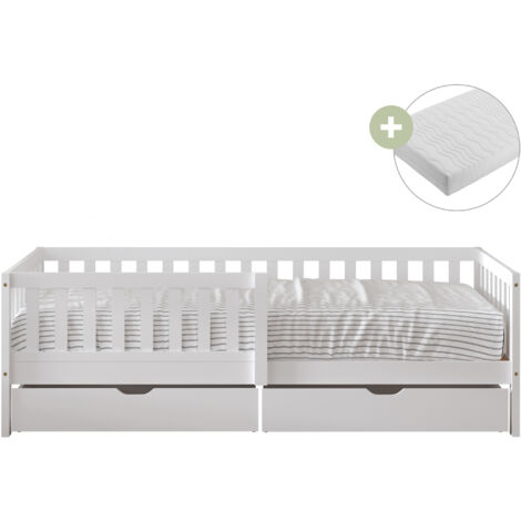 Sunny Isa Lit Enfant 1 Place Avec 2 Tiroirs, En Bois, Blanc Barrière De Sécurité - Matelas Hybride Inclus 90 X 200 - 2 Tiroirs De Rangement Dimensions Totales: 206 X 98 X 65 Cm (1/5)