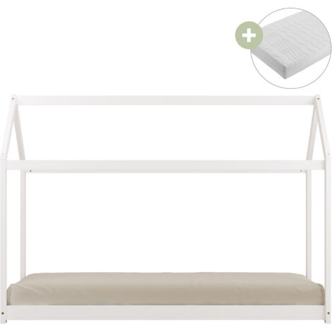 Sunny Zoey Lit Cabane En Bois, Blanc Au Sol, Pour Enfant - Matelas Hybride 90 X 200 Inclus - Montessori Dimensions Totales: 206 X 98 X 154 Cm (1/5)