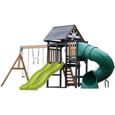 AXI Noud Aire De Jeux En Bois XXL – 2 Balançoires, Toboggan Tubulaire + Toboggan Ondulé, Maisonnette, Mur D’escalade, Trapèze – Jardin