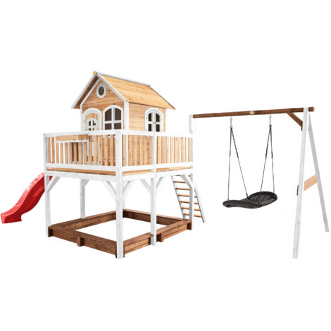 Axi Liam Maison Enfant Avec Bac À Sable, Balançoire Nid D’Oiseau Noir & Toboggan Rouge Aire De Jeux Pour L'Extérieur En Marron & Blanc Maisonnette / Cabane De Jeu En Bois Fsc