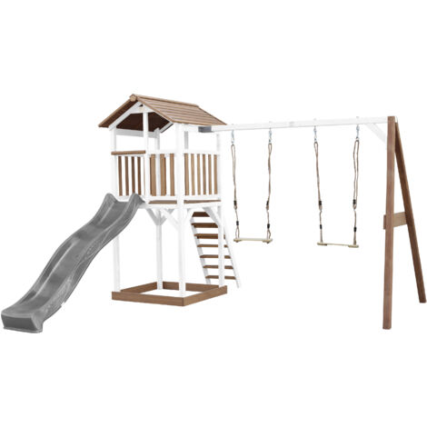 Axi Beach Tower Aire De Jeux Avec Toboggan En Gris, 2 Balançoires & Bac À Sable Grande Maison Enfant Extérieur En Marron & Blanc Cabane De Jeu En Bois Fsc