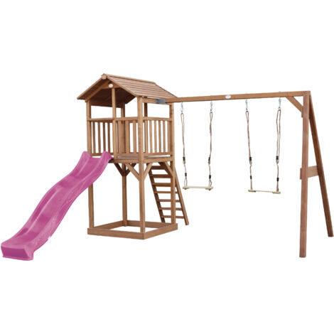 Axi Beach Tower Aire De Jeux Avec Toboggan En Violet, 2 Balançoires & Bac À Sable Grande Maison Enfant Extérieur En Marron Cabane De Jeu En Bois Fsc (1/5)