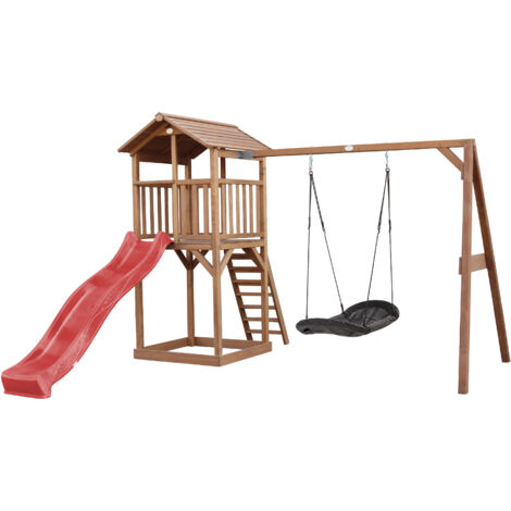 Axi Beach Tower Aire De Jeux Avec Toboggan En Rouge, Balançoire Nid D'Oiseau Noir & Bac À Sable Grande Maison Enfant Extérieur En Marron Cabane De Jeu En Bois Fsc (1/5)
