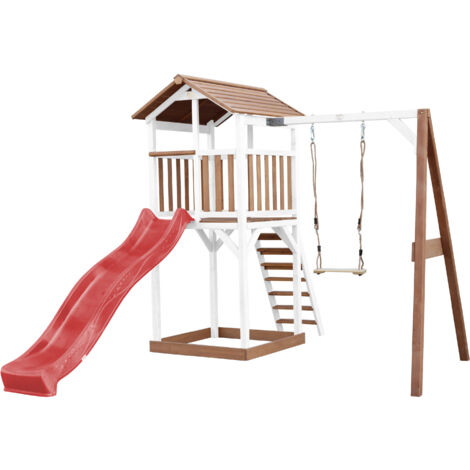 Axi Beach Tower Aire De Jeux Avec Toboggan En Rouge, Balançoire & Bac À Sable Grande Maison Enfant Extérieur En Marron & Blanc Cabane De Jeu En Bois Fsc