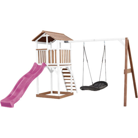 Axi Beach Tower Aire De Jeux Avec Toboggan En Violet, Balançoire Nid D'Oiseau Noir & Bac À Sable Grande Maison Enfant Extérieur En Marron & Blanc Cabane De Jeu En Bois Fsc (1/5)