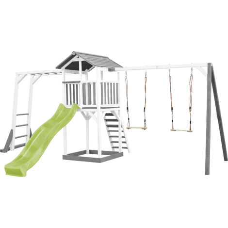 Axi Beach Tower Aire De Jeux Avec Toboggan En Vert Clair, Cadre D'Escalade, 2 Balançoires & Bac À Sable Grande Maison Enfant Extérieur En Gris & Blanc Cabane De Jeu En Bois Fsc
