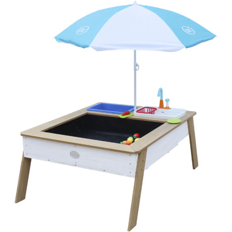 Axi Linda Table Sable Et Eau Avec Cuisine De Jeux En Bois  Marron Et Blanc Avec Parasol  Pour Enfant, Pour Le Jardin