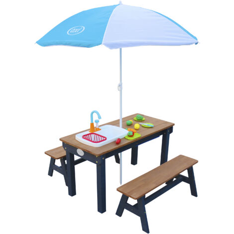 Axi Dennis Table Sable Et Eau En Bois Marron & Anthracite  Avec Couvercle, Boîtes De Rangement, Parasol & Jeu Évier De Cuisine  Pour Enfant, Pour Le Jardin