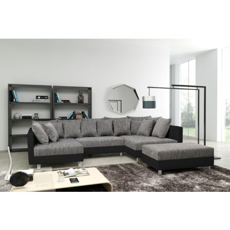 Wohnlandschaft Sofa Couch Ecksofa Eckcouch + Hocker schwarz / hellgrau Minsk XXL