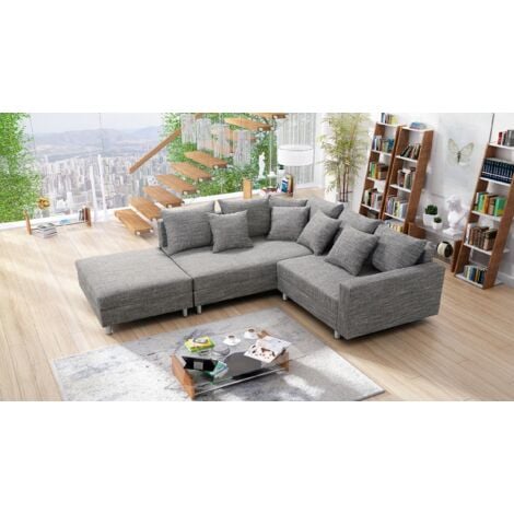 Wohnlandschaft Sofa Couch Ecksofa Eckcouch Gewebestoff hellgrau + Hocker Minsk L