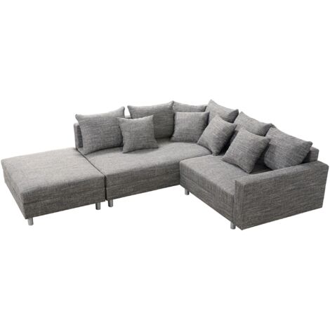 Wohnlandschaft Sofa Couch Ecksofa Eckcouch Gewebestoff hellgrau + Hocker Minsk L