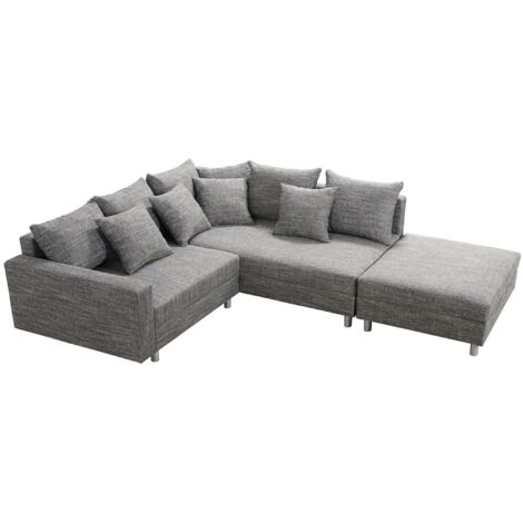 Wohnlandschaft Sofa Couch Ecksofa Eckcouch Gewebestoff hellgrau + Hocker Minsk R