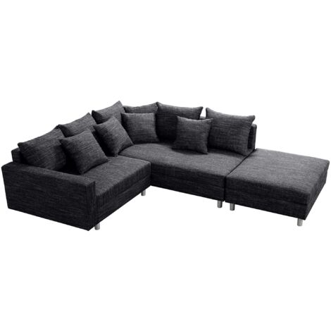 Wohnlandschaft Sofa Couch Ecksofa Eckcouch Gewebestoff schwarz + Hocker Minsk R