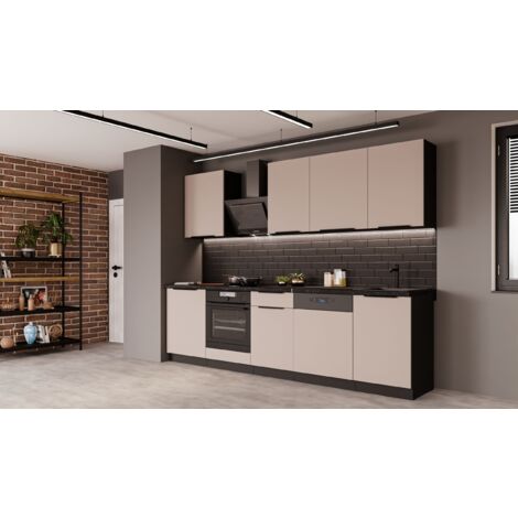 Küche ARONA BASIC 280 cm Küchenzeile Küchenblock Einbauküche Kaschmir beige matt + Schwarz matt
