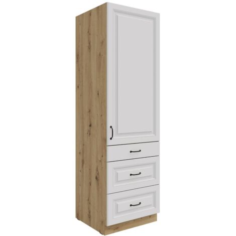 Küchen Hochschrank 60 cm mit Schubladen Stilo Weiss + Eiche Artisan Küchenzeile Küchenblock Einbauküche Landhaus Küche