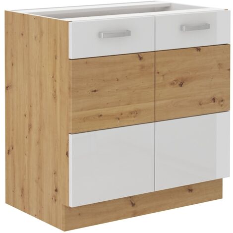 Unterschrank 80 cm Eiche Artisan + Weiß Hochglanz Küchenzeile Küchenblock Küche