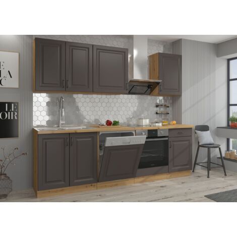 Küche Stilo Grau + Eiche Artisan 250 cm Küchenzeile Küchenblock Einbauküche