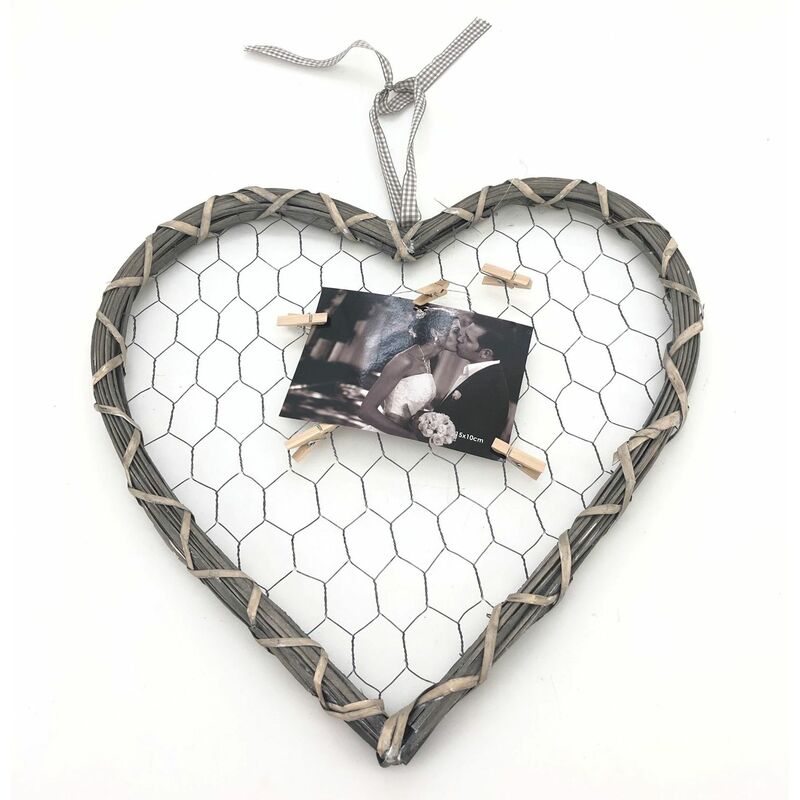 Fotohalter Herz 40x40cm Holz Herz mit Gitter und 5 Klammern Bilderhalter  Rahmen