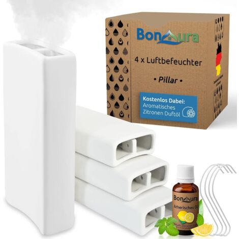 BonAura® Luftbefeuchter Heizung Keramik I Haken & Duftöl [4er, 8er, 12er Set, 400ml] I Wasserverdunster für Heizkörper mit Duft I Verdunster & Befeuchter Wasser Behälter - 4 Stück