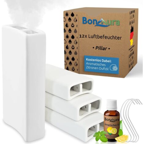 BonAura® Luftbefeuchter Heizung Keramik I Haken & Duftöl [4er, 8er, 12er Set, 400ml] I Wasserverdunster für Heizkörper mit Duft I Verdunster & Befeuchter Wasser Behälter - 12 Stück