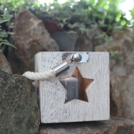 BURI Holzlaterne mit Tau 14cm Windlicht Gartenlaterne Kerzenhalter Kerzenständer - Stern weiß