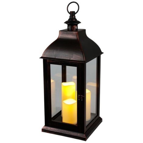 BURI XXL Laterne Vintage Windlicht schwarz mit 3 LED-Kerzen Flackereffekt - Laterne Kerzenhalter 60cm Dekolaterne groß mit Glasscheiben und Timer für den Innenbreich