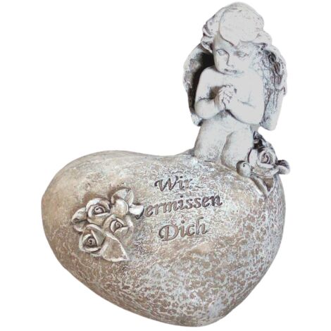 Gedenkstein Engel auf Herz Grabschmuck Spruchstein Grabdeko Dekoherz Gartendeko