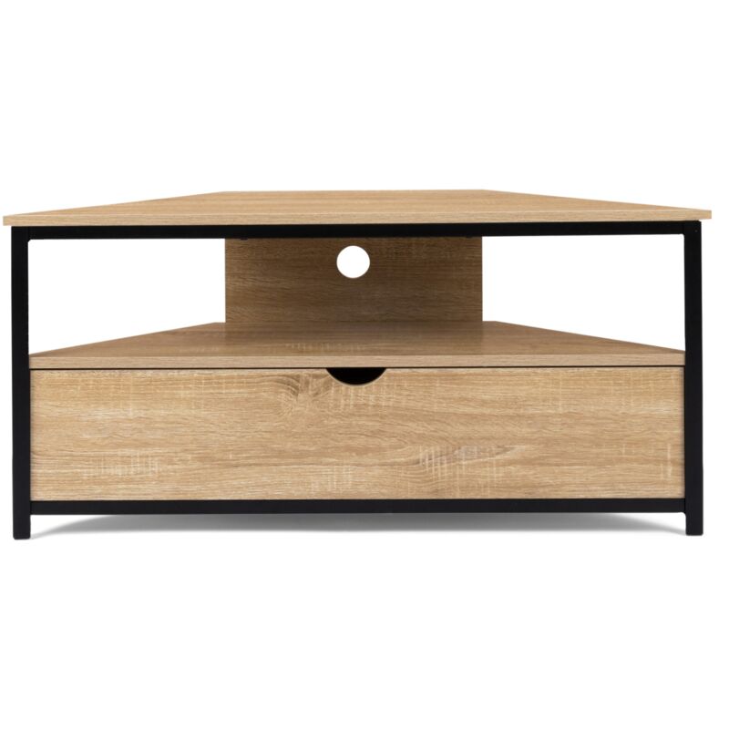 Meuble TV D'angle ELI 100cm - Bois Hêtre Et Blanc - Placard Et étagère - Pour Petits Espaces - À Monter Soi-même