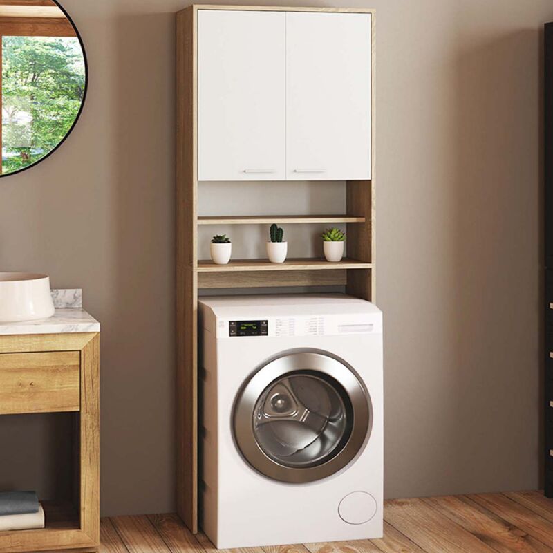 Meuble étagère pour machine à laver et sèche-linge en hauteur avec  rangement en bois de chêne fumé 64x25,5x190 cm - Meuble Lave Linge Sèche  Linge